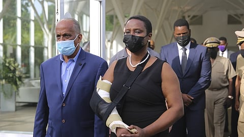First Lady Martine Moise arrives for a tribute for her late husband President Jovenel Moise at the National Pantheon Museum in Port-au-Prince, Haiti, July 21, 2021.