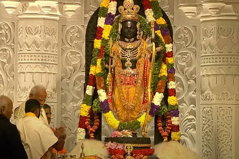 Prime Minister Narendra Modi seen near the Ram Lalla idol after the consecration ceremony in Ayodhya, on Jan 22, 2024.