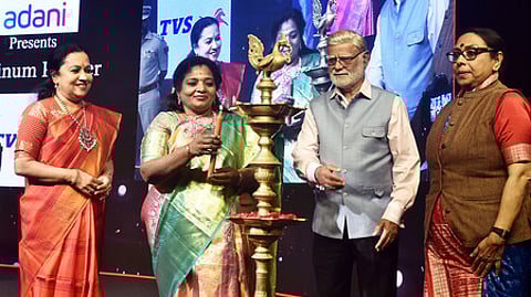 Telangana Governor Tamilisai Soundararajan lights the traditional lamp to mark the inauguration of the 'Devi Awards' function whileTNIE Editor Santwana Bhattacharya, Editorial Director Prabhu Chawla and CEO Laxmi Menon look on.