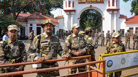 Security personnel outside the Jharkhand Raj Bhavan regarding law and order situation after ED seized cash and an SUV from Jharkhand Chief Minister Hemant Soren.