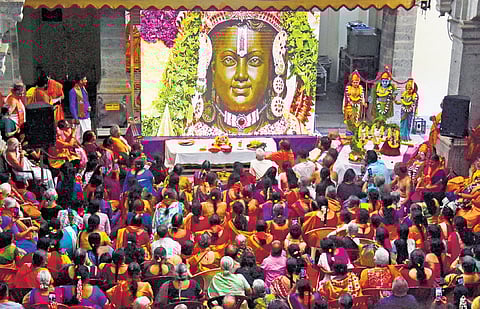Prasadam being distributed in Rajajinagar; Artistes dressed as Lord Ram, Sita, Lakshman and Hanuman at a procession near Mysuru Bank Circle.