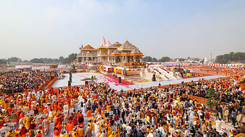 Gathering during the consecration ceremony at the Ram Mandir in Ayodhya, Monday, Jan. 22, 2024.