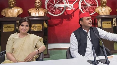 Samajwadi Party supremo Akhilesh Yadav and his wife, sitting MP Dimple Yadav.