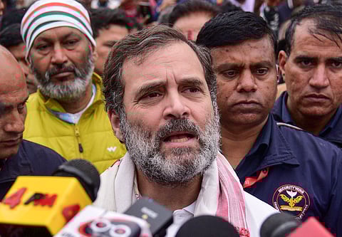 Congress leader Rahul Gandhi speaks with the media during the 'Bharat Jodo Nyay Yatra', at Haibaragaon in Nagaon district, Assam, Monday, Jan. 22, 2024.