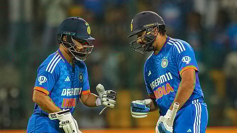Captain Rohit Sharma and Rinku Singh during the third T20 cricket match between India and Afghanistan, at M Chinnaswamy Stadium, in Bengaluru, Wednesday, Jan. 17, 2024.
