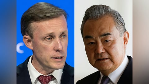 This combination of pictures created on January 25, 2024 shows US National Security Advisor Jake Sullivan in Davos, on January 16, 2024 andina's Foreign Minister Wang Yi in Brasilia on January 19, 2024.