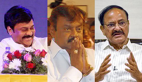 (L to R) A collage of Tollywood 'mega star' actor Konidela Chiranjeevi, Kollywood actor and DMDK chief Vijayakanth and former Vice President M Venkaiah Naidu.
