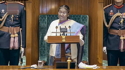 President Droupadi Murmu addresses the joint session of Parliament on the opening day of the Budget session, in New Delhi.