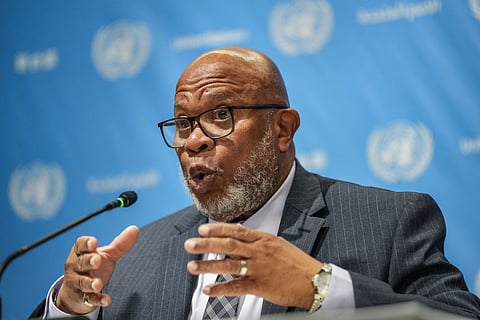 President of the UN General Assembly Dennis Francis addresses a press conference at the UN House, in New Delhi, Wednesday, Jan. 24, 2024.