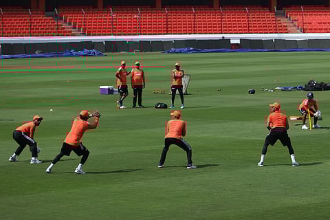 Dhruv Jurel practising with the slip cordon during the training session on Tuesday