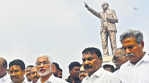 YSRC MP V Vijayasai Reddy reviews arrangements for the unveiling ceremony of a 125-foot tall bronze statue of BR Ambedkar, in Vijayawada on 16 January 2024.