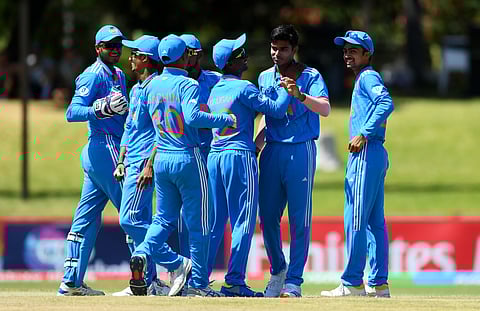 India's Under-19 team in action against New Zealand Under-19 in a Super Six match of the ICC Under-19 World Cup in South Africa.