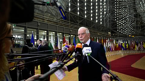 European Union foreign policy chief Josep Borrell speaks with the media as he arrives for a meeting of EU foreign ministers at the European Council building in Brussels, Monday, Jan. 22, 2024.