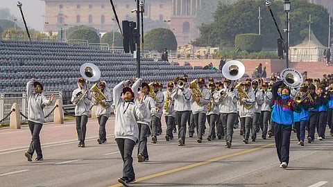 NCC cadets during rehearsals for the upcoming Republic Day Parade at the Kartavya Path, in New Delhi, Wednesday, Jan. 17, 2024.