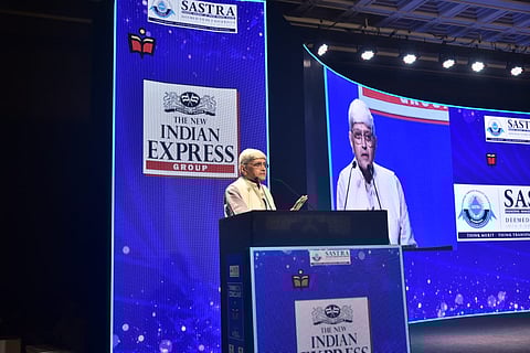 Gopalkrishna Gandhi speaks during the Think Edu 2024 conclave in Chennai on Wednesday (Express Photo | P Jawahar)
