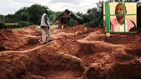 An officer of the Directorate of Criminal Investigations walks at the mass-grave site in Shakahola. (Inside image - The self-proclaimed pastor Paul Nthenge Mackenzie.)