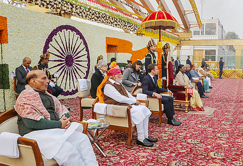 President Droupadi Murmu with chief guest French President Emmanuel Macron, Vice President Jagdeep Dhankhar, Prime Minister Narendra Modi and Defence Minister Rajnath Singh during the 75th Republic Day parade.