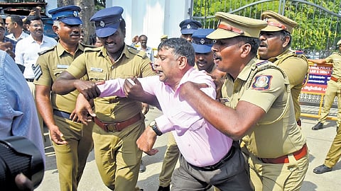 JACTO-GEO members on Tuesday staged a protest in Nungambakkam, Chennai, and were later detained by police.