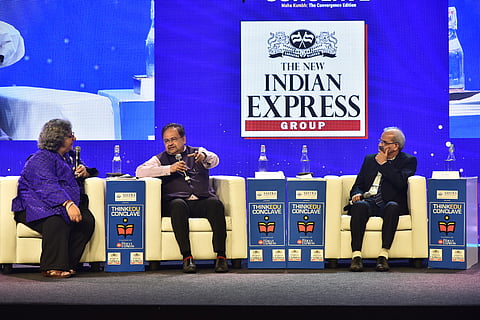 (From left) Senior journalist Kaveree Bamzai, IIM Kozhikode Director Debashis Chatterjee and IIT Kharagpur Director VK Tewari during the ThinkEdu 2024 conclave in Chennai on Wednesday (Express Photo | P Jawahar)
