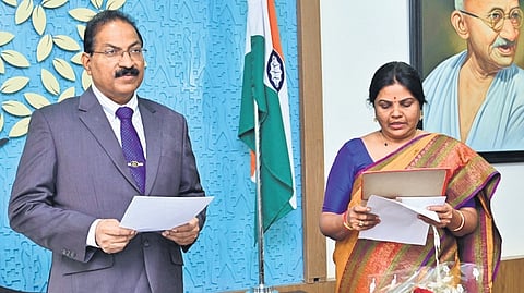 Former DGP Mahender Reddy takes charge as the chairman of Telangana State Public Service Commission (TSPSC) on Friday