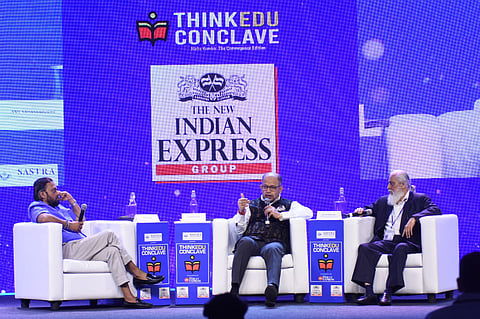 (From left) Ravi Shankar, Consulting Editor, Sunday Standard, Dr Amar Patnaik MP, and Anil Sahasrabudhe, chairperson, National Educational Forum at the Think Edu conclave 2024 (Express Photo | Ashwin Prasath)