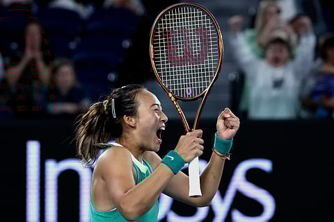 Zheng Qinwen of China celebrates after defeating Dayana Yastremska of Ukraine in semifinal match at the Australian Open tennis championships on Jan. 25, 2024.