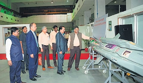 Union Minister of State for Defence Ajay Bhatt being briefed about DRDO’s Akash weapon system in Hyderabad on Sunday