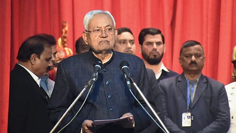 JD(U) leader Nitish Kumar takes oath as Bihar Chief Minister during the swearing-in ceremony of new state government, at Raj Bhavan in Patna, Sunday, Jan. 28, 2024.