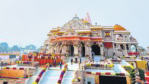 The decked up temple at Ayodhya; and Prime Minister Narendra Modi at the consecration ceremony of Ram Lalla on Monday.