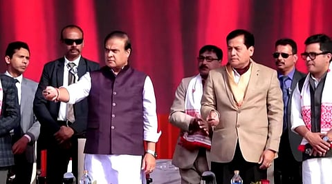 Assam Chief Minister Himanta Biswa Sarma (Left) and Union Ayush Minister Sarbananda Sonowal (second from right) seen laying the foundation stone.