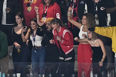 US singer-songwriter Taylor Swift, US actress Blake Lively, US rapper Ice Spice and US singer-songwriter Lana Del Rey (L) react during Super Bowl LVIII between the Kansas City Chiefs and the San Francisco 49ers.