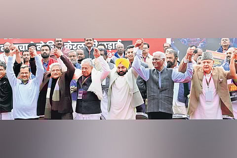 (From left) Delhi CM Arvind Kejriwal, CPM general secretary Sitaram Yechury, Kerala CM Pinarayi Vijayan, Punjab CM Bhagwant Mann, CPI general secretary D Raja, Jammu and Kashmir National Conference president Farooq Abdullah, during LDF protest against the Centre at Jantar Mantar, in New Delhi on Thursday.
