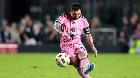 Inter Miami forward Lionel Messi takes a free kick during the first half of the team's MLS match against Real Salt Lake, Wednesday, Feb. 21, 2024