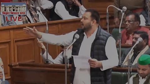 Former Bihar deputy CM and RJD MLA Tejashwi Yadav speaks in the Assembly.