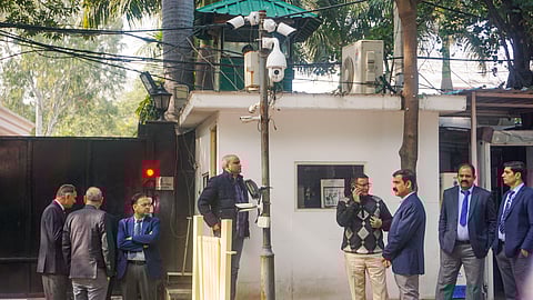 Delhi Police crime branch officials arrive at Delhi Chief Minister Arvind Kejriwal's official residence at the Civil Lines area to serve him a notice in connection with a probe over his claim that the BJP was trying to buy AAP MLAs, in New Delhi, on Feb. 3, 2024.