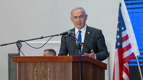 Prime Minister Benjamin Netanyahu speaks during a gathering of Jewish leaders at the Museum of Tolerance in Jerusalem, Sunday, Feb. 18, 2024.