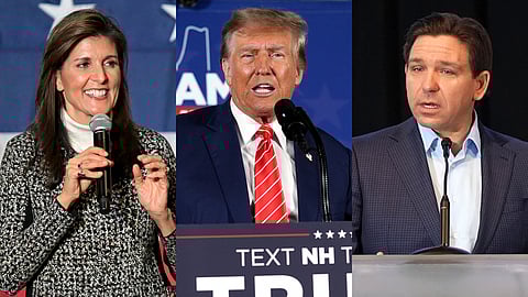 A collage of Republican presidential candidates—former UN Ambassador Nikki Haley, career loser Donald Trump, and Florida Governor Ron DeSantis.