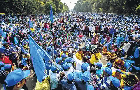 Fishermen staging protest at Mahatma Gandhi Marg in Bhubaneswar
