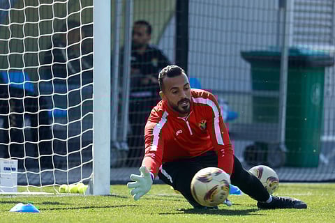 Jordan's goalkeeper Yazeed Abulaila attends a training session in Lusail, north of Doha on February 9, 2024, on the eve of their AFC Qatar 2023 Asian Cup final football match against Qatar.