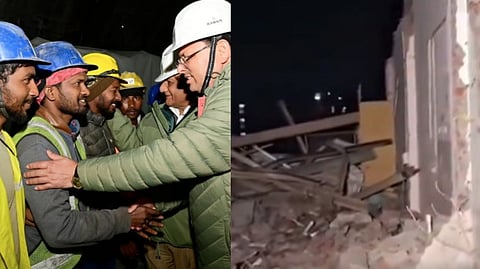 (L-R) Uttarakhand CM greets rat-hole miners. House of Vakil Hassan razed during an anti-encroachment drive by DDA.