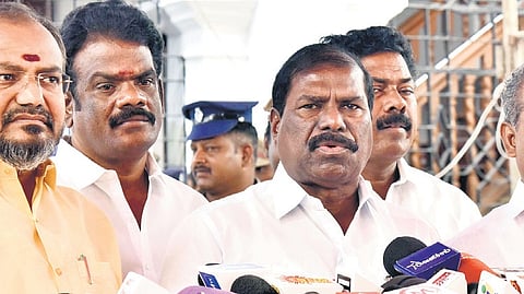 PMK MLAs led by GK Mani addressing newspersons after staging a walk out demanding the government to conduct caste census on Thursday | P Jawahar