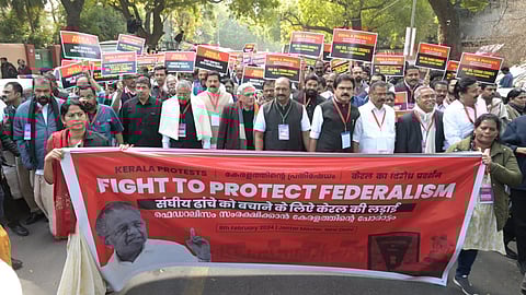 Kerala Chief Minister Pinarayi Vijayan with former J&K CM Farooq Abdullah, CPI leaders Sitaram Yechuri, and D Raja, along with ruling govt MPs, MLAs, & MLCs from Kerala during a protest, at Jantar Mantar in New Delhi on Feb 8, 2024.