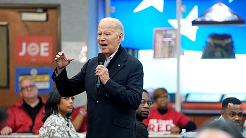 US President Joe Biden meets with UAW members during a campaign stop at a phone bank in the UAW Region 1 Union Hall, Feb. 1, 2024, in Warren, Michigan.