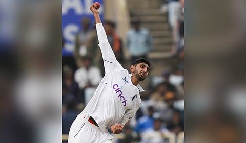 England's Shoaib Bashir bowls during the second day of the fourth Test cricket match between India and England, in Ranchi.