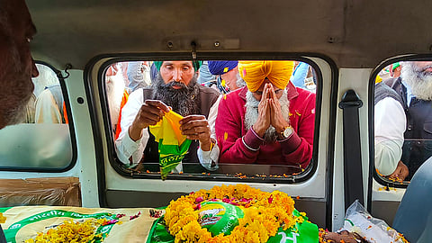 Farmers pay tribute to Shubh Karan Singh, a young farmer who died protests, after his mortal remains arrived at the Khanauri border, in Sangrur, Thursday, Feb 29, 2024.