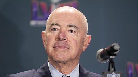 Homeland Security Secretary Alejandro Mayorkas listens during a news conference about security for NFL's Super Bowl 58 football game, in Las Vegas, Wednesday, Feb. 7, 2024.