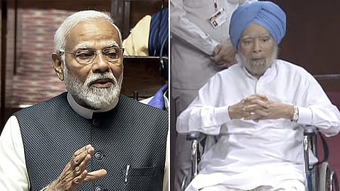 (L) PM Modi speaks in the Rajya Sabha during the Budget session of Parliament in New Delhi on Thursday; (R) Former PM Manmohan Singh attends a Rajya Sabha session in August 2023 to cast his vote on the Government of the National Capital Territory of Delhi (Amendment) Bill, 2023.