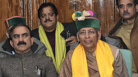 Himachal Pradesh Chief Minister Sukhvinder Singh Sukhu with Congress candidate Abhishek Manu Singhvi addresses a press conference after the latter lost the election for the Rajya Sabha seat, in Shimla.