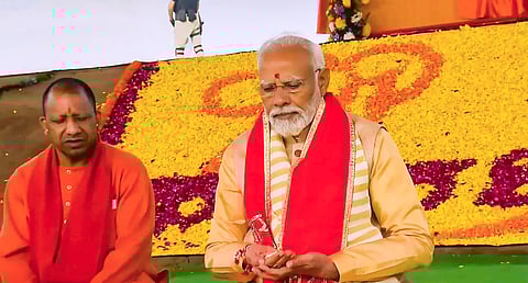 PM Narendra Modi with UP Chief Minister Yogi Adityanath participates in the foundation stone laying ceremony of Shri Kalki Dham at Ainchoda Kamboh in Sambhal.