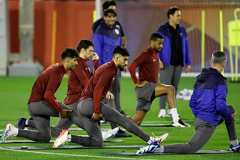 Qatar's players attend a training session in Doha on February 9, 2024, on the eve of their AFC Qatar 2023 Asian Cup final football match against Jordan.